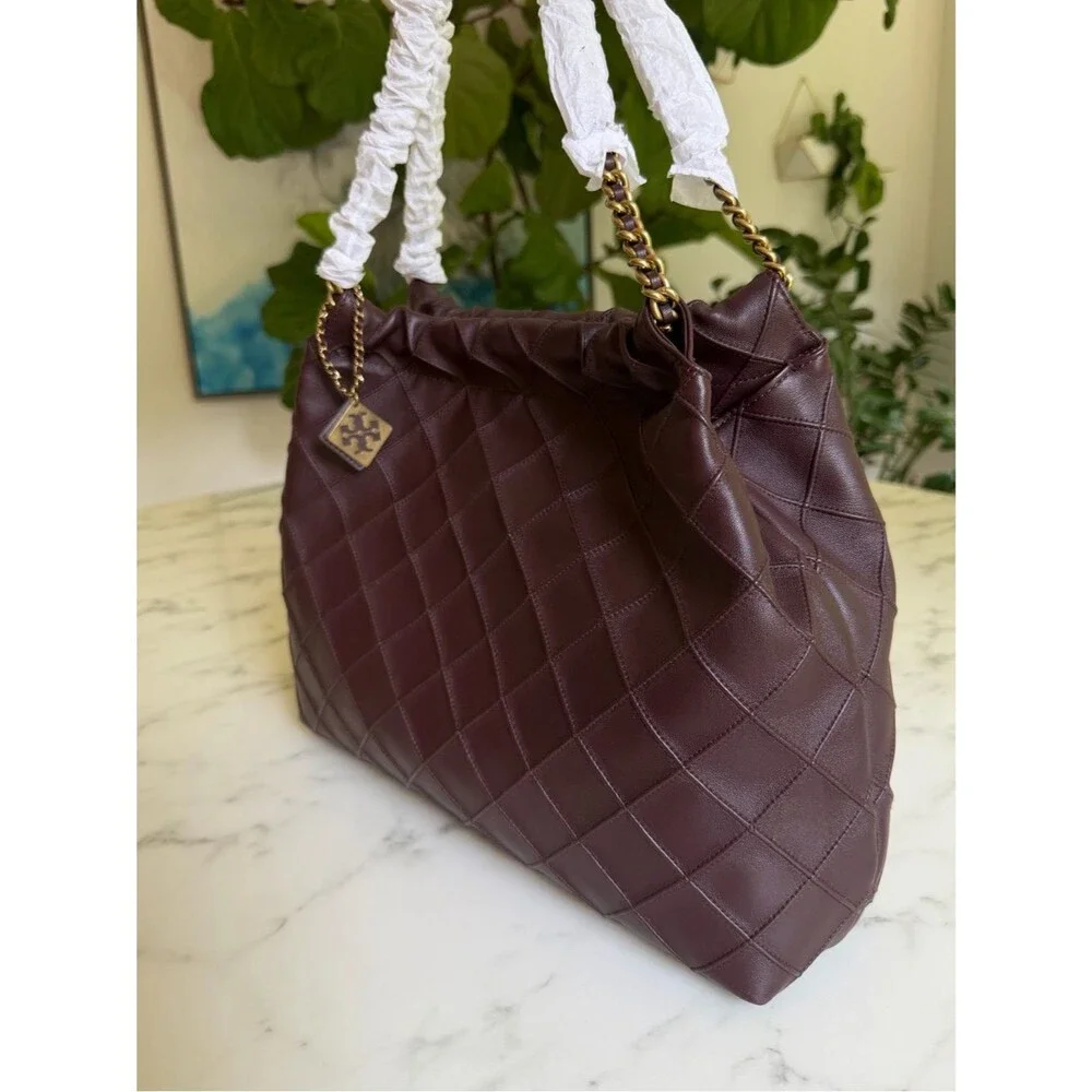 NWT Tory Burch Fleming Soft Drawstring Hobo Bag Albarossa Burgundy Leather